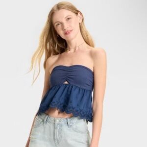 Wild Fable Strapless navy blue Crop peplum eyelet tube top size XXS NWT